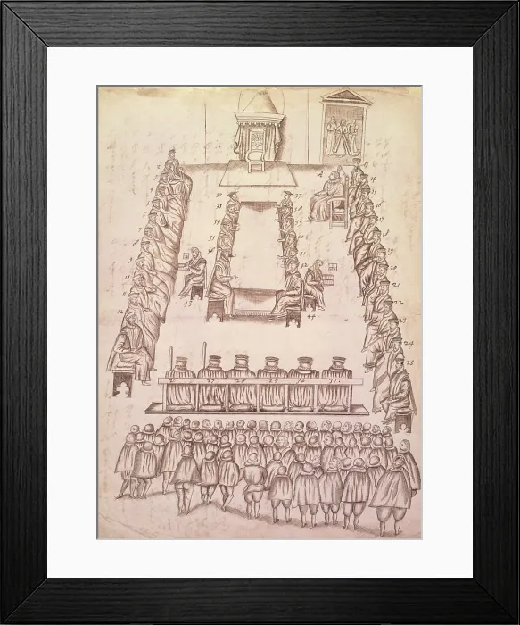 Framed Print : Trial of Mary, Queen of Scots in the Great Chamber at Fotheringhay castle, Oct 1586. Creator: Robert Beale Framed Print : Trial of Mary, Queen of Scots in the Great Chamber at Fotheringhay castle, Oct 1586. Creator: Robert Beale