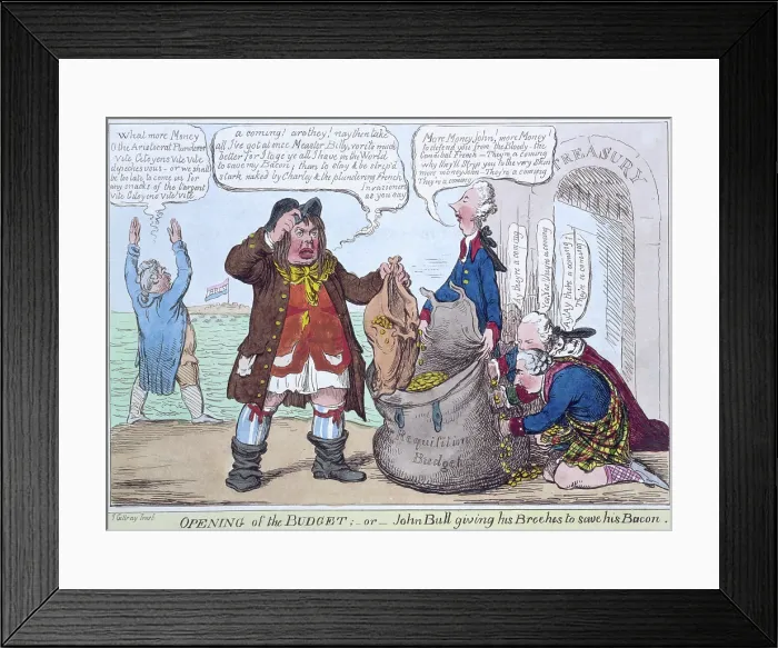 Framed Print : Opening of the Budget; or John Bull giving his breeches to save his bacon, 1818. Creator: James Gillray Framed Print : Opening of the Budget; or John Bull giving his breeches to save his bacon, 1818. Creator: James Gillray