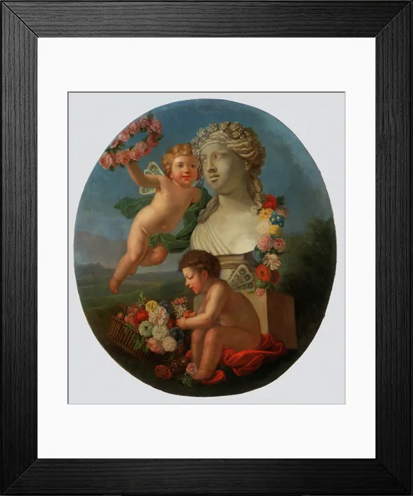 Framed Print : Decorative Panel with a Bust, Angels and Flowers, 1776. Creator: FR Monogrammist Framed Print : Decorative Panel with a Bust, Angels and Flowers, 1776. Creator: FR Monogrammist