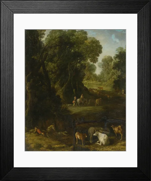 Framed Print : Forest Interior with Travellers and Cattle Herdsmen, around 1770. Creator: Unknown Framed Print : Forest Interior with Travellers and Cattle Herdsmen, around 1770. Creator: Unknown
