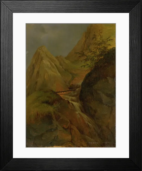 Framed Print : Mountain landscape with waterfall, c1860. Creator: Jozef Bozetech Klemens Framed Print : Mountain landscape with waterfall, c1860. Creator: Jozef Bozetech Klemens