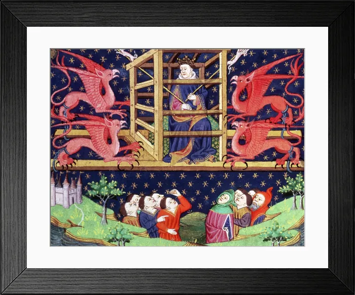 Framed Print : Alexander the Great, in a cage, being carried aloft by griffins, mid 15th century. Creator: Unknown Framed Print : Alexander the Great, in a cage, being carried aloft by griffins, mid 15th century. Creator: Unknown