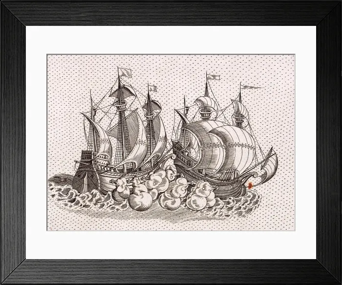 Framed Print : Two warships firing at each other, 1583. Creator: Christopher Saxton Framed Print : Two warships firing at each other, 1583. Creator: Christopher Saxton