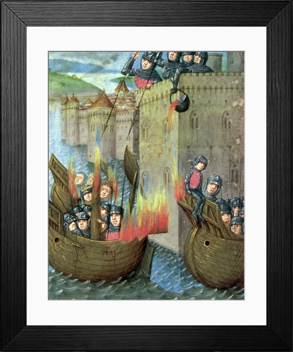 Framed Print : Defenders pour boiling oil onto attacking ships, c1473. Creator: Unknown Framed Print : Defenders pour boiling oil onto attacking ships, c1473. Creator: Unknown