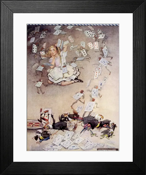 Framed Print : Pack of cards falling on Alice, Alice's Adventures in Wonderland, 1922. Creator: Gwynedd M Hudson. Pack of cards falling on Alice, Alice's Adventures in Wonderland, 1922 Framed Print : Pack of cards falling on Alice, Alice's Adventures in Wonderland, 1922. Creator: Gwynedd M Hudson. Pack of cards falling on Alice, Alice's Adventures in Wonderland, 1922