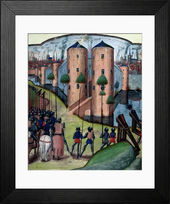 Framed Print : A besieging army sets fire to a city, c1470. Creator: Unknown Framed Print : A besieging army sets fire to a city, c1470. Creator: Unknown