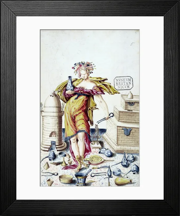 Framed Print : A woman surrounded by alchemical instruments. Creator: Unknown Framed Print : A woman surrounded by alchemical instruments. Creator: Unknown