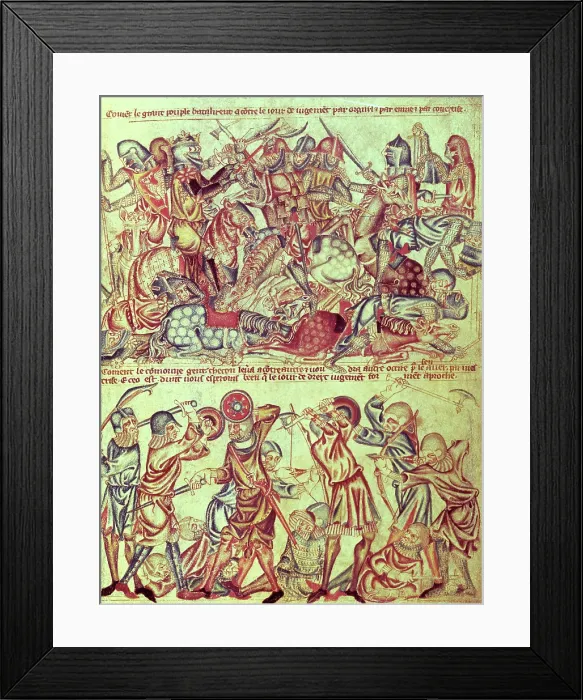 Framed Print : Knights and foot soldiers engaged in battle, c1320-1330. Creator: Unknown Framed Print : Knights and foot soldiers engaged in battle, c1320-1330. Creator: Unknown