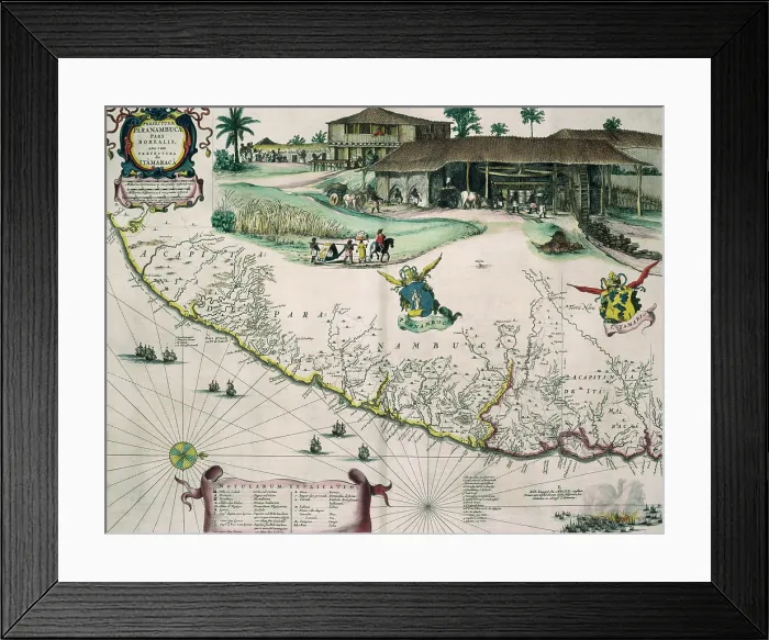 Framed Print : Dutch map of Brazil, with view of a sugar plantation, c1720. Creator: Unknown Framed Print : Dutch map of Brazil, with view of a sugar plantation, c1720. Creator: Unknown