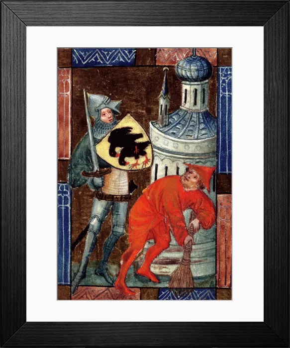 Framed Print : Soldier with sword, and man with broom, c1405. Creator: Unknown Framed Print : Soldier with sword, and man with broom, c1405. Creator: Unknown