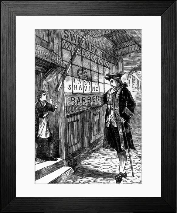 Framed Print : A customer outside Sweeney Todd's barber shop, c1880. Creator: Unknown. A customer outside Sweeney Todd's barber shop, c1880. Creator: Unknown Framed Print : A customer outside Sweeney Todd's barber shop, c1880. Creator: Unknown. A customer outside Sweeney Todd's barber shop, c1880. Creator: Unknown