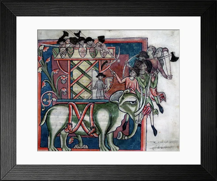 Framed Print : An elephant with a wooden tower on its back, c1235? Creator: Unknown Framed Print : An elephant with a wooden tower on its back, c1235? Creator: Unknown