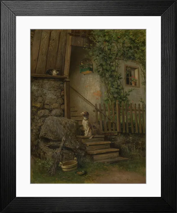 Framed Print : On the Porch (Dog and Cat), 1882. Creator: Eduard Majsch Framed Print : On the Porch (Dog and Cat), 1882. Creator: Eduard Majsch