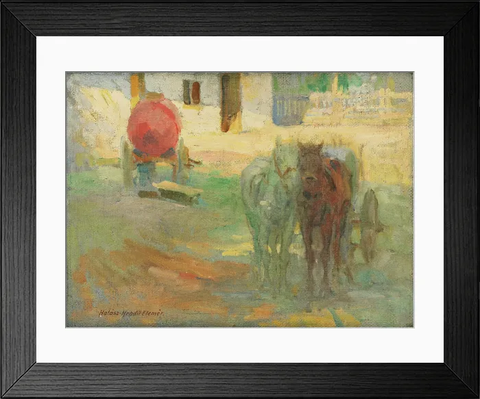Framed Print : Farmyard with yoked horses, 1908. Creator: Elemir Halasz-Hradil Framed Print : Farmyard with yoked horses, 1908. Creator: Elemir Halasz-Hradil