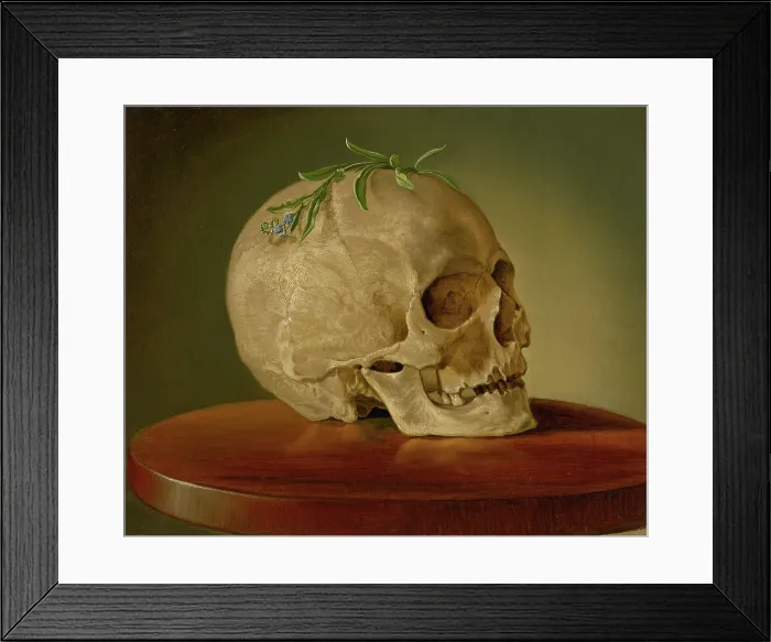 Framed Print : Still Life with a Skull and a Forget-Me-Not, around 1860. Creator: Frantisek Klimkovic Framed Print : Still Life with a Skull and a Forget-Me-Not, around 1860. Creator: Frantisek Klimkovic