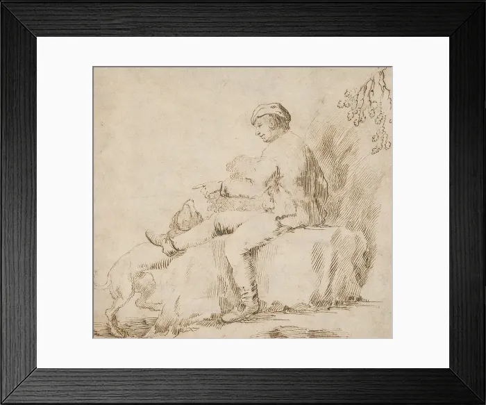 Framed Print : Study of a seated man playing with a dog, around 1600. Creator: Unknown Framed Print : Study of a seated man playing with a dog, around 1600. Creator: Unknown