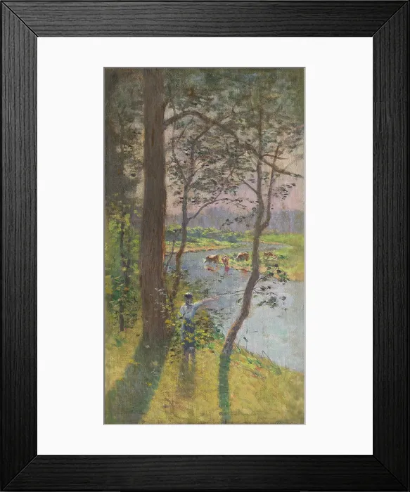 Framed Print : Landscape with cattle drinking at a river, c1900. Creator: Ferdinand Katona Framed Print : Landscape with cattle drinking at a river, c1900. Creator: Ferdinand Katona