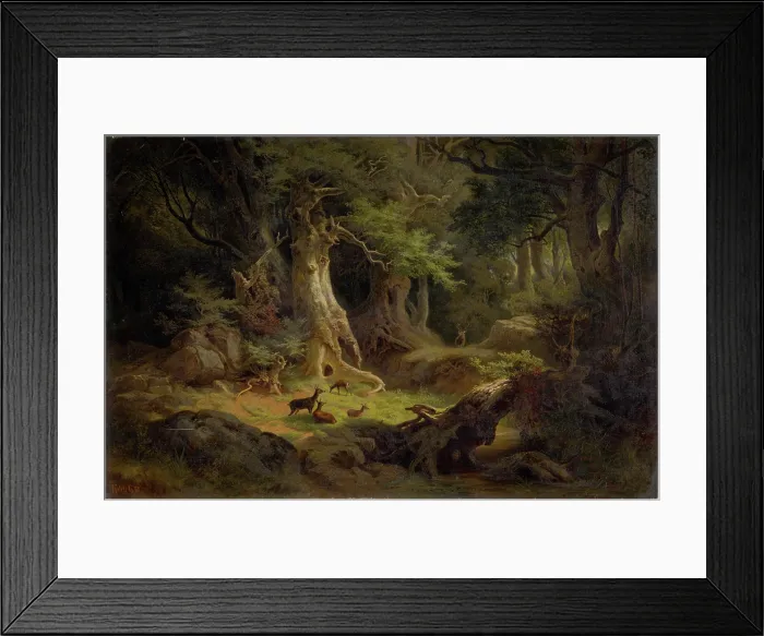 Framed Print : Forest with a herd of deer, 1868. Creator: Gusztav Keleti Framed Print : Forest with a herd of deer, 1868. Creator: Gusztav Keleti