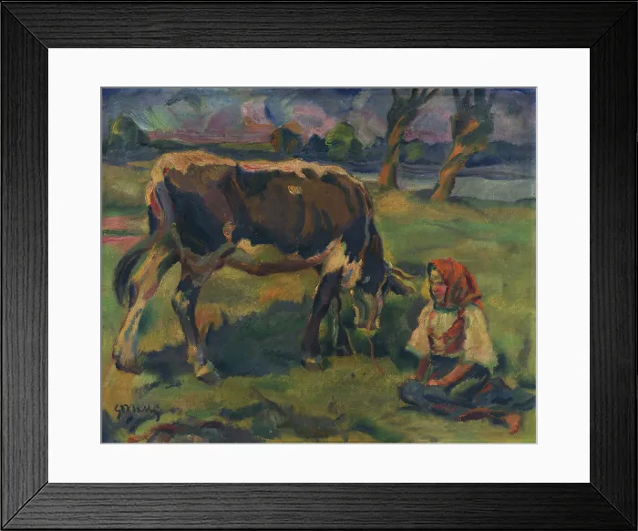 Framed Print : A Little Girl with a Cow, around 1937. Creator: Gustav Mally Framed Print : A Little Girl with a Cow, around 1937. Creator: Gustav Mally