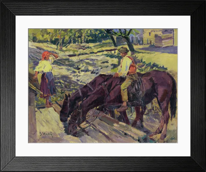 Framed Print : Watering Horses, 1949. Creator: Gustav Mally Framed Print : Watering Horses, 1949. Creator: Gustav Mally