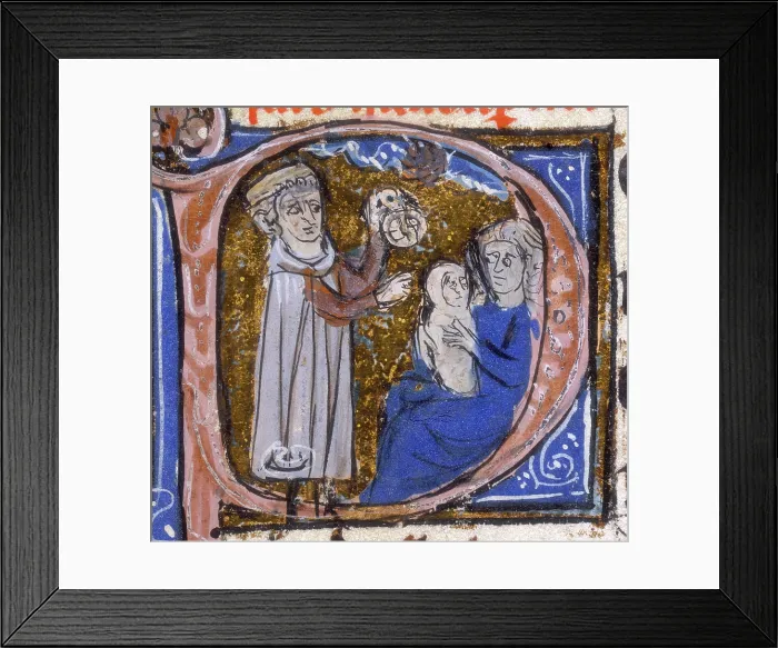 Framed Print : An astrologer discusses a child's horoscope with its mother, early 14th century Framed Print : An astrologer discusses a child's horoscope with its mother, early 14th century