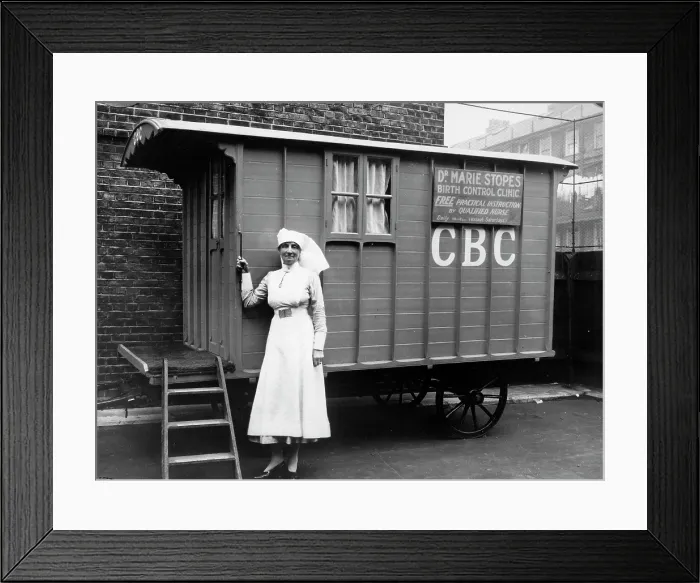 Framed Print : Nurse outside a Marie Stopes mobile birth control clinic, London, 1928. Creator: Unknown Framed Print : Nurse outside a Marie Stopes mobile birth control clinic, London, 1928. Creator: Unknown