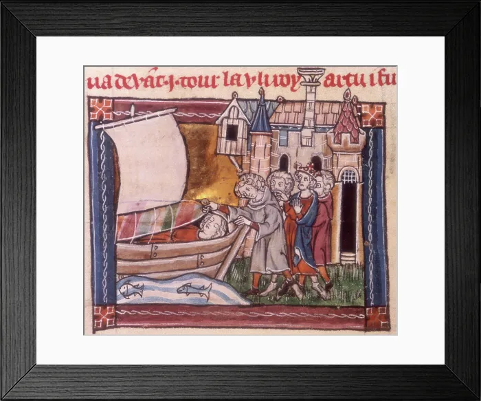 Framed Print : Arthur and his knights finding the dead body of Elaine, c1316. Creator: Unknown Framed Print : Arthur and his knights finding the dead body of Elaine, c1316. Creator: Unknown