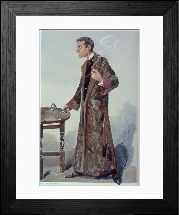 Framed Print : Sherlock Holmes holding a pipe and revolver, late 19th-early 20th century. Creator: Sir Leslie Matthew Ward Framed Print : Sherlock Holmes holding a pipe and revolver, late 19th-early 20th century. Creator: Sir Leslie Matthew Ward