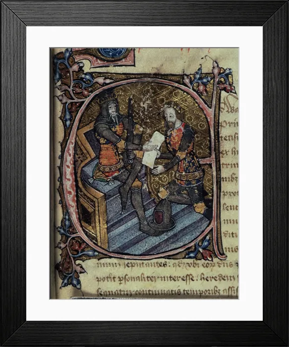 Framed Print : Initial E: King Edward III granting the Black Prince the principality of Aquitaine, c1386-c1399. Creator: Unknown Framed Print : Initial E: King Edward III granting the Black Prince the principality of Aquitaine, c1386-c1399. Creator: Unknown