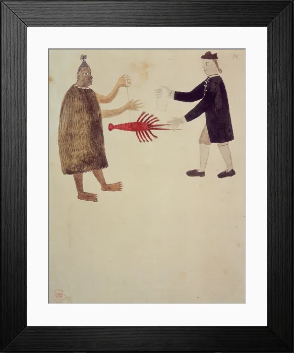 Framed Print : A Maori bartering a crayfish with an English naval officer. 1769. Creator: Sydney Parkinson Framed Print : A Maori bartering a crayfish with an English naval officer. 1769. Creator: Sydney Parkinson