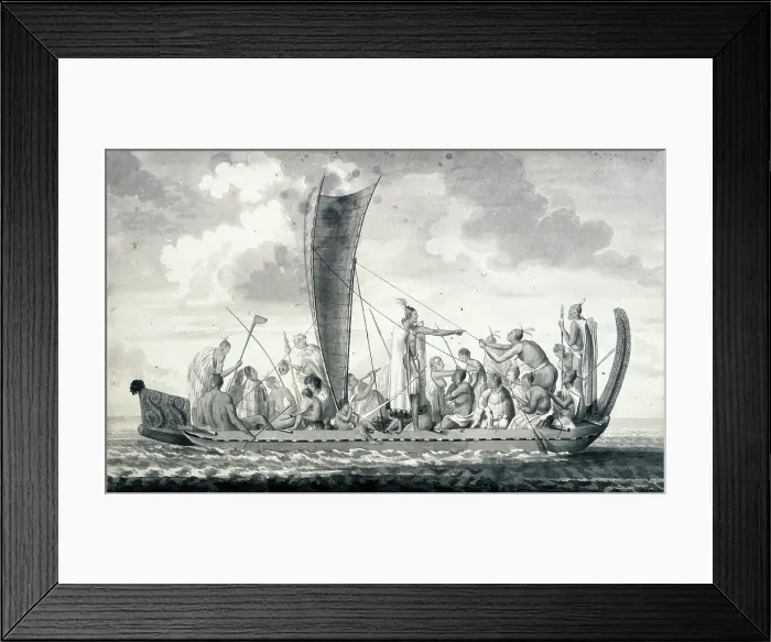 Framed Print : A New Zealand war canoe with sail, 1768-1780. Creator: Unknown Framed Print : A New Zealand war canoe with sail, 1768-1780. Creator: Unknown