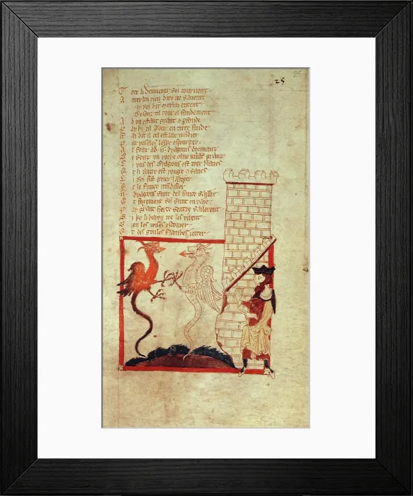 Framed Print : Vortigern finds red and white dragons beneath the foundation of his castle, mid 14th century. Creator: Wace Framed Print : Vortigern finds red and white dragons beneath the foundation of his castle, mid 14th century. Creator: Wace