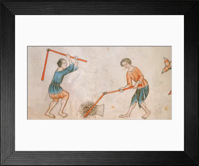 Framed Print : Two men beating corn with flails, c1300-c1340. Creator: Unknown Framed Print : Two men beating corn with flails, c1300-c1340. Creator: Unknown