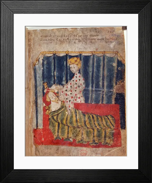 Framed Print : The wife of the Green Knight secretly visits Sir Gawain in his bedchamber, c1400-1410. Creator: Unknown Framed Print : The wife of the Green Knight secretly visits Sir Gawain in his bedchamber, c1400-1410. Creator: Unknown
