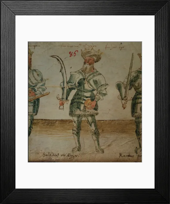 Framed Print : Illustration of Saladin, holding a scimitar, 15th century. Creator: Unknown Framed Print : Illustration of Saladin, holding a scimitar, 15th century. Creator: Unknown