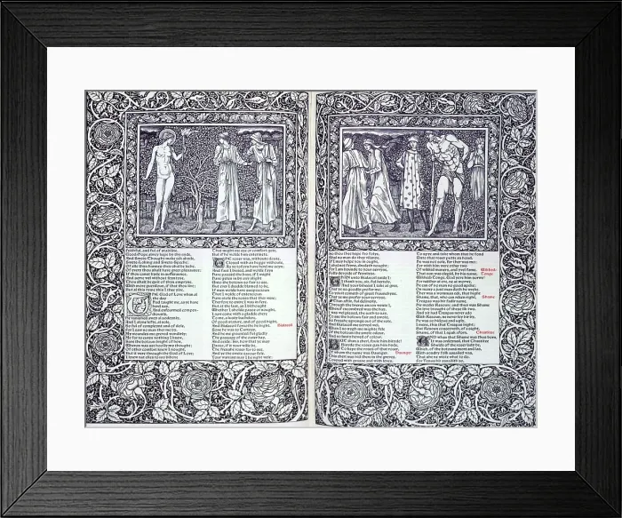 Framed Print : Two illustrations and text from the Canterbury Tales, 1896. Creator: William Harcourt Hooper