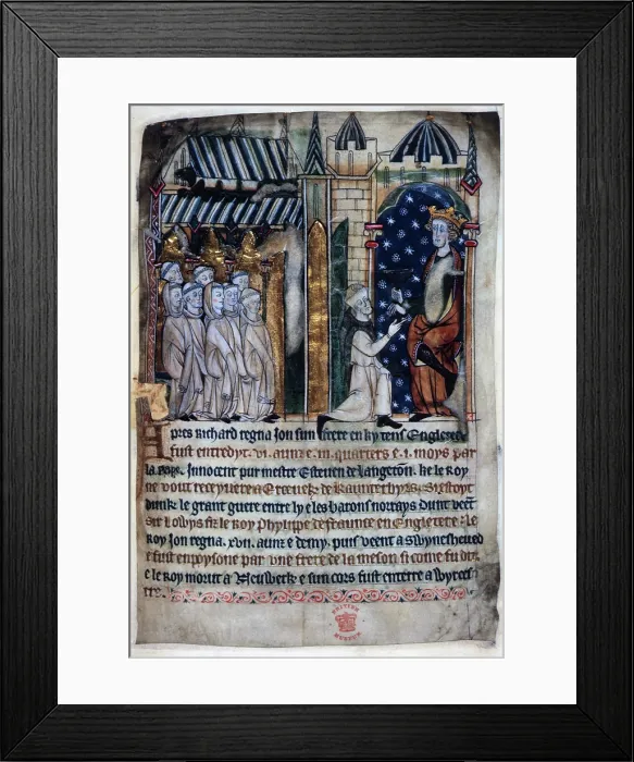 Framed Print : King John is offered a poisoned chalice by a monk, c1280-c1300. Creator: Unknown Framed Print : King John is offered a poisoned chalice by a monk, c1280-c1300. Creator: Unknown