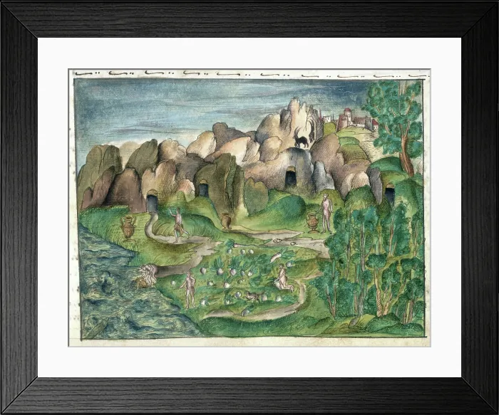 Framed Print : The natives of Venezuela, using gold vessels, cultivating maize and fishing, 1560-1632. Creator: Unknown Framed Print : The natives of Venezuela, using gold vessels, cultivating maize and fishing, 1560-1632. Creator: Unknown