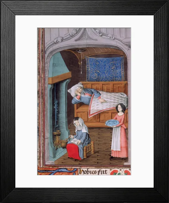 Framed Print : Tobit, blind in bed, attended by two women, c1479 Creator: Unknown Framed Print : Tobit, blind in bed, attended by two women, c1479 Creator: Unknown
