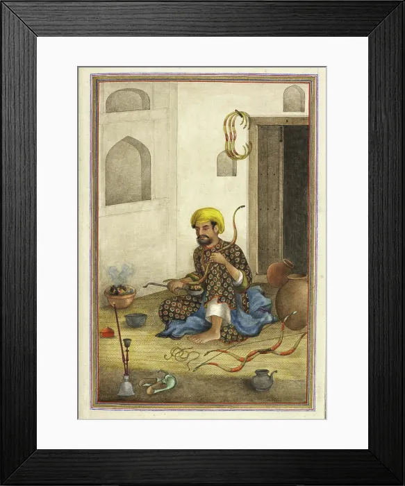 Framed Print : Kamdangar, a bowmaker - Shown bending the wood of a bow over a bowl of embers, 1825. Creator: Anon Framed Print : Kamdangar, a bowmaker - Shown bending the wood of a bow over a bowl of embers, 1825. Creator: Anon