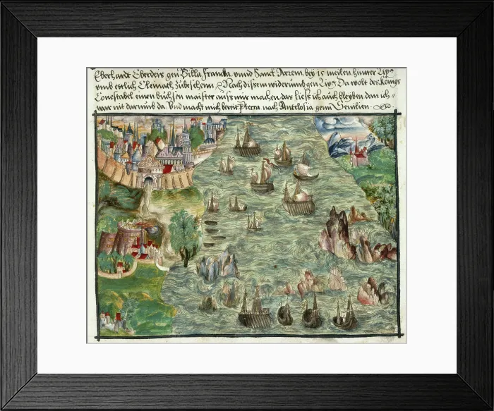 Framed Print : View of Lisbon, with ships tossed about in the treacherous waters of the inlet, , 1560-1632. Creator: Unknown Framed Print : View of Lisbon, with ships tossed about in the treacherous waters of the inlet, , 1560-1632. Creator: Unknown