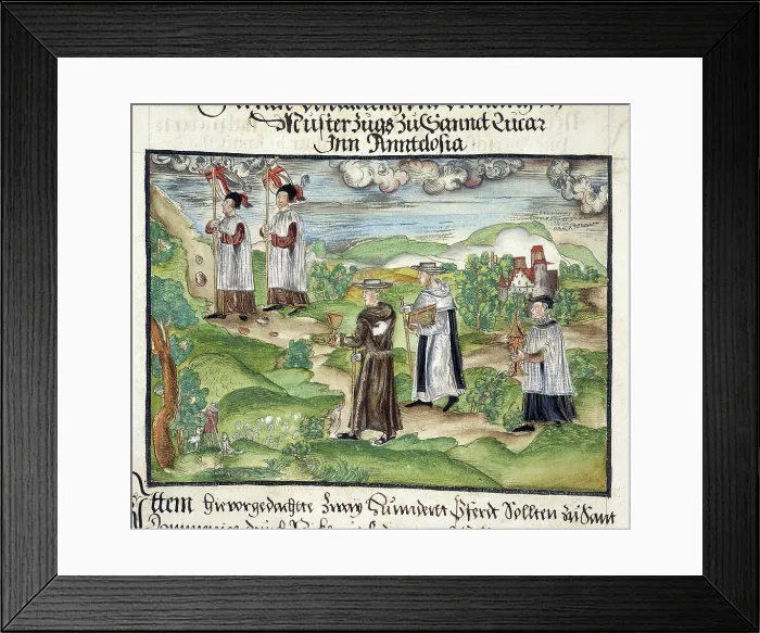Framed Print : Priests and monks carrying banners, chalice, service books... 1560-1632. Creator: Unknown Framed Print : Priests and monks carrying banners, chalice, service books... 1560-1632. Creator: Unknown
