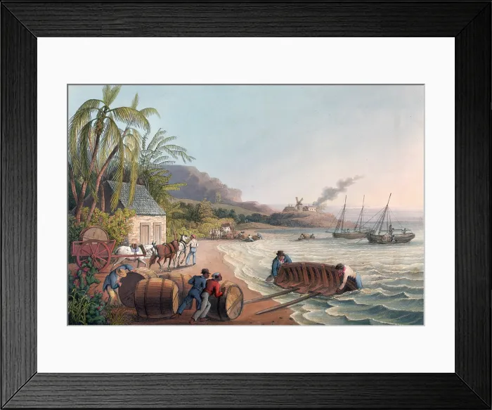 Framed Print : Slaves loading sugar hogsheads onto a boat, 1823. Creator: William Clark Framed Print : Slaves loading sugar hogsheads onto a boat, 1823. Creator: William Clark