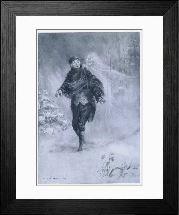 Framed Print : Ichabod Crane imagining a phantom at his shoulder, 1899. Creator: Frederick Simpson Coburn Framed Print : Ichabod Crane imagining a phantom at his shoulder, 1899. Creator: Frederick Simpson Coburn
