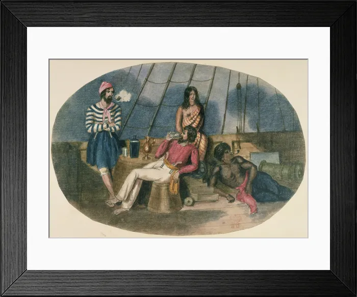 Framed Print : Sailors and Maoris on the deck of a ship, c1850. Creator: Unknown Framed Print : Sailors and Maoris on the deck of a ship, c1850. Creator: Unknown