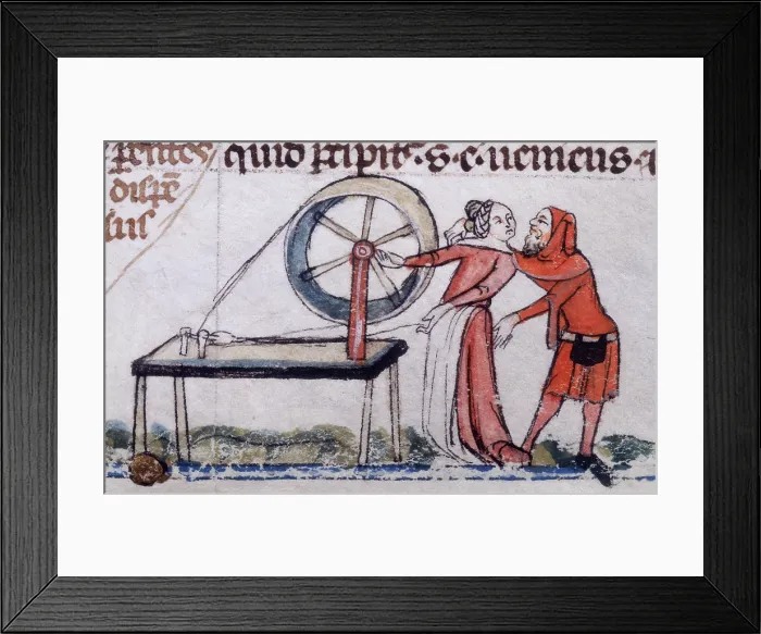 Framed Print : A woman being distracted from her spinning, early 14th century. Creator: Unknown Framed Print : A woman being distracted from her spinning, early 14th century. Creator: Unknown