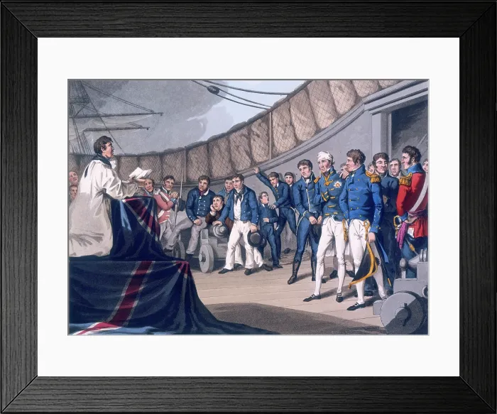 Framed Print : Sailors at prayers on board Lord Nelson's ship, after the Battle of the Nile, 1819 Framed Print : Sailors at prayers on board Lord Nelson's ship, after the Battle of the Nile, 1819