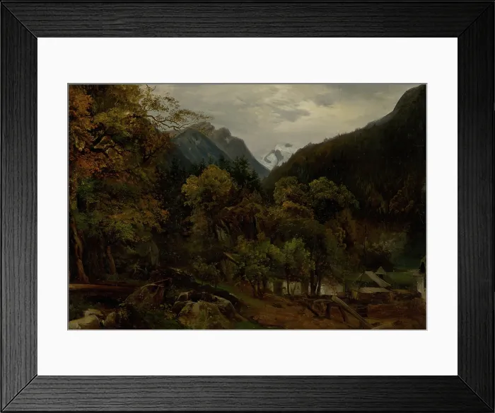 Framed Print : Mountain landscape with wooden huts, c1860. Creator: Alexander Brodszky Framed Print : Mountain landscape with wooden huts, c1860. Creator: Alexander Brodszky