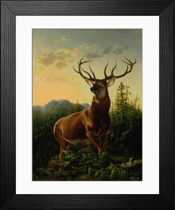 Framed Print : Deer in forest landscape, 1876. Creator: Alexander Brodszky Framed Print : Deer in forest landscape, 1876. Creator: Alexander Brodszky