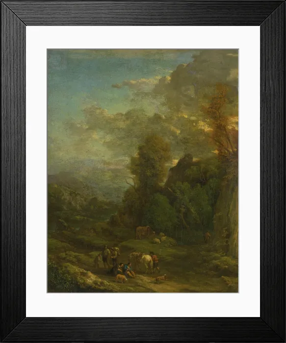 Framed Print : Evening landscape with travellers, c1700. Creator: Cornelis Huysmans Framed Print : Evening landscape with travellers, c1700. Creator: Cornelis Huysmans